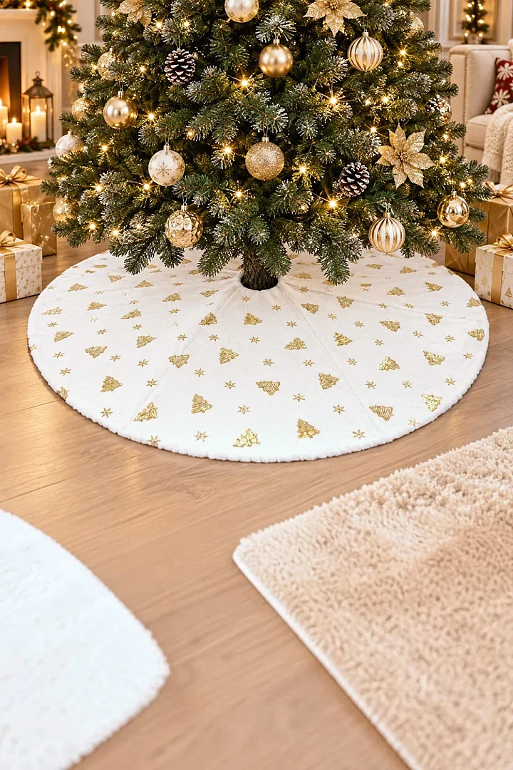 Yılbaşı Çam Ağacı Süsü Çam Altı Örtüsü Peluş Gold Kar Desenli Beyaz - 3