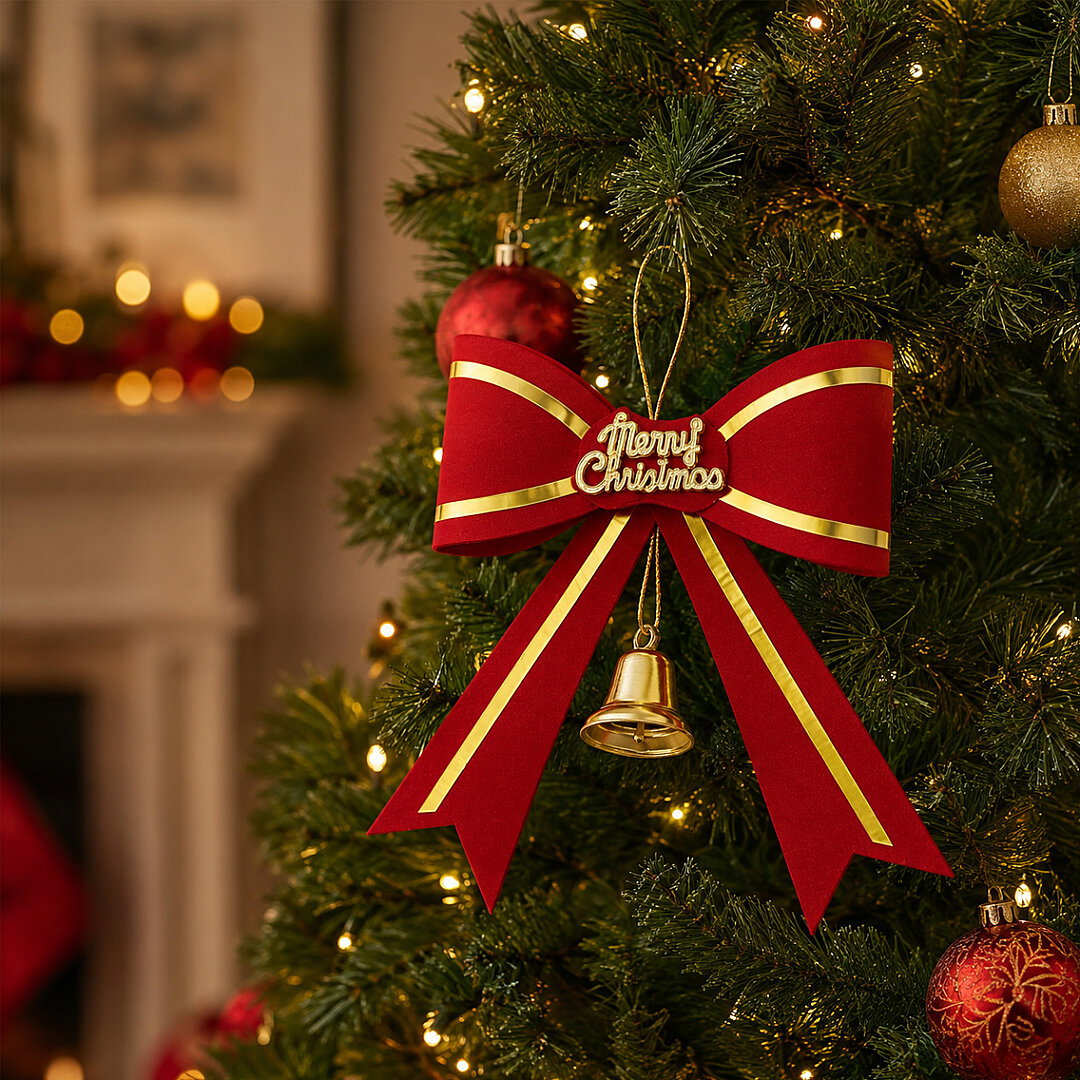 Yılbaşı Çam Ağacı Süsü Fiyonk Kırmızı Merry Christmas - 1