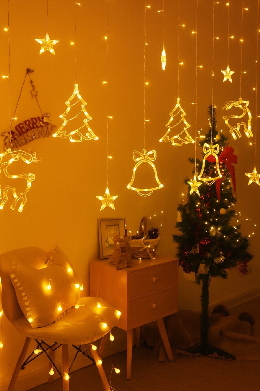 Beysüs Yılbaşı Çam Ağacı Süsü Geyik Ağaç ve Zil Perde Led Gün Işığı - 4