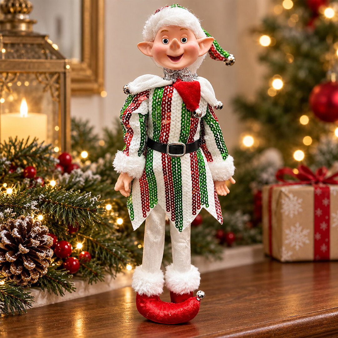 Beysüs Yılbaşı Çam Ağacı Süsü Kırmızı Beyaz Yeşil Çizgili Elf Figürü 36 cm - 4