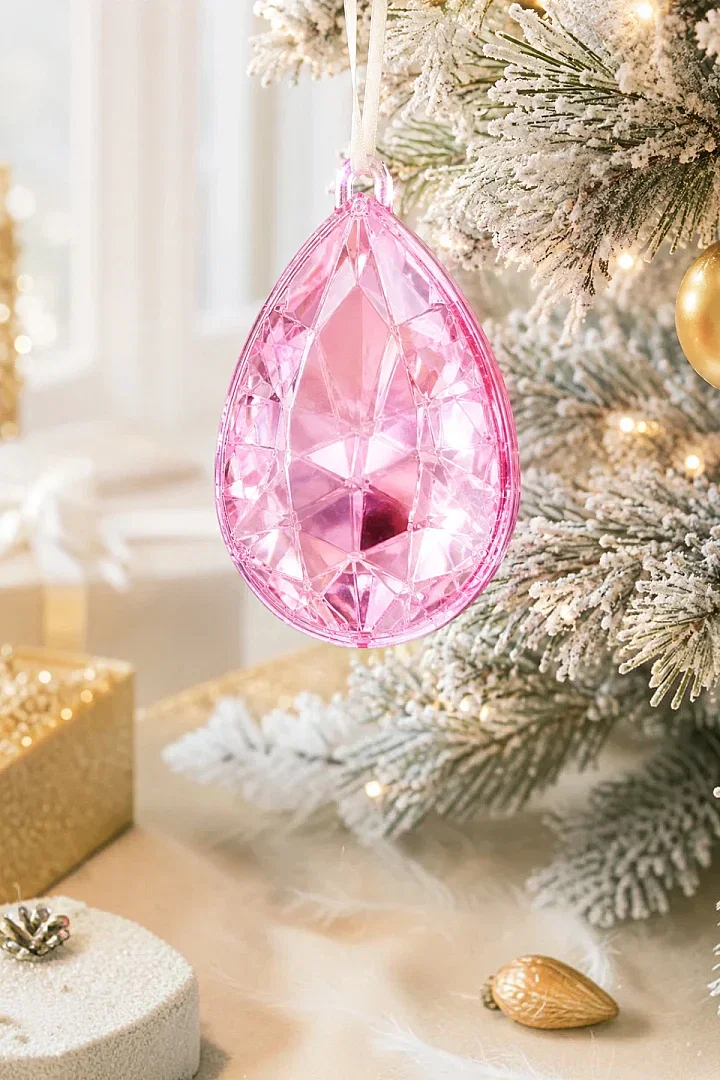 Yılbaşı Çam Ağacı Süsü Kristal Damla Kesim Pembe - 4