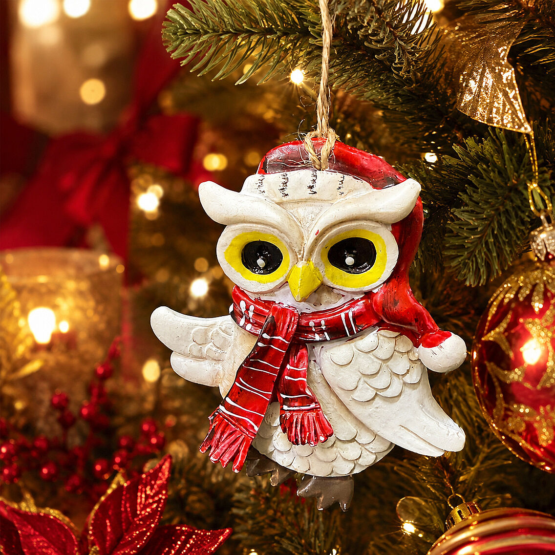 Beysüs Yılbaşı Çam Ağacı Süsü Noel Şapkalı Baykuş Figürü – Açık Kanatlı - 4