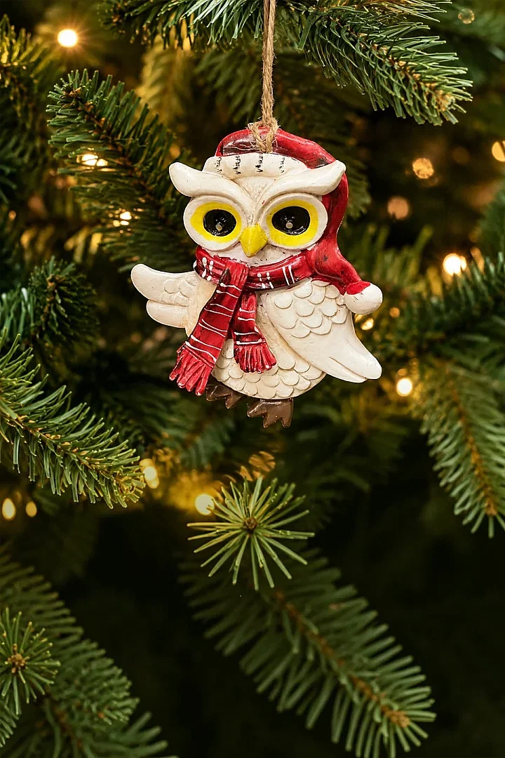 Yılbaşı Çam Ağacı Süsü Noel Şapkalı Baykuş Figürü – Açık Kanatlı - 3