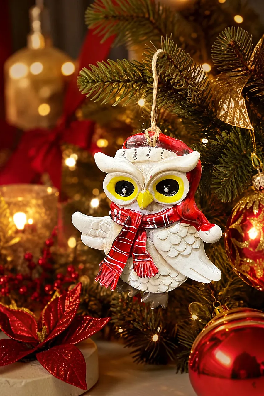 Yılbaşı Çam Ağacı Süsü Noel Şapkalı Baykuş Figürü – Açık Kanatlı - 4