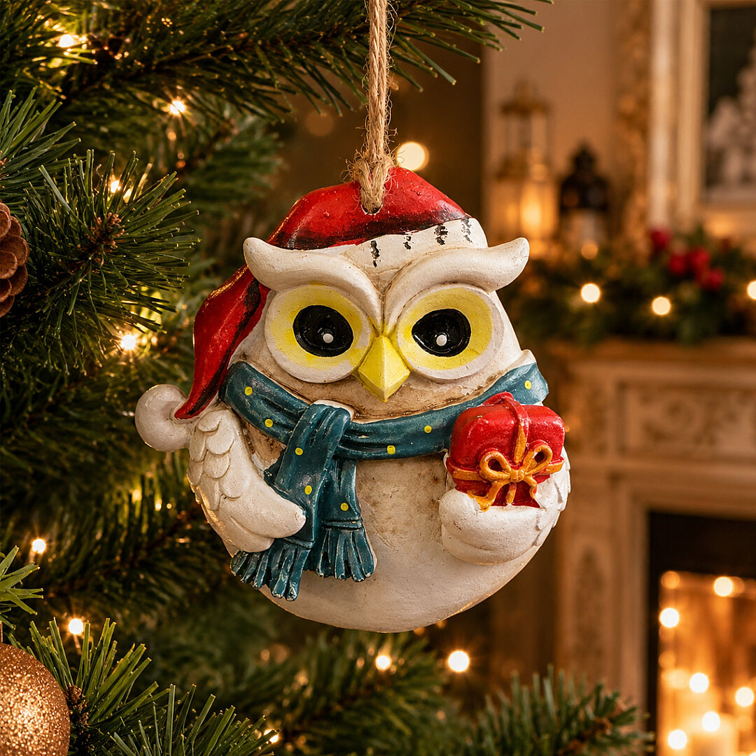 Beysüs Yılbaşı Çam Ağacı Süsü Noel Şapkalı Baykuş Figürü – Hediye Pakedi - 1