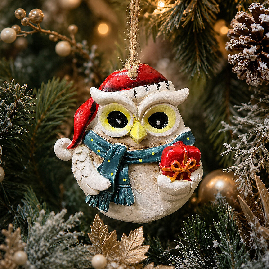 Beysüs Yılbaşı Çam Ağacı Süsü Noel Şapkalı Baykuş Figürü – Hediye Pakedi - 3