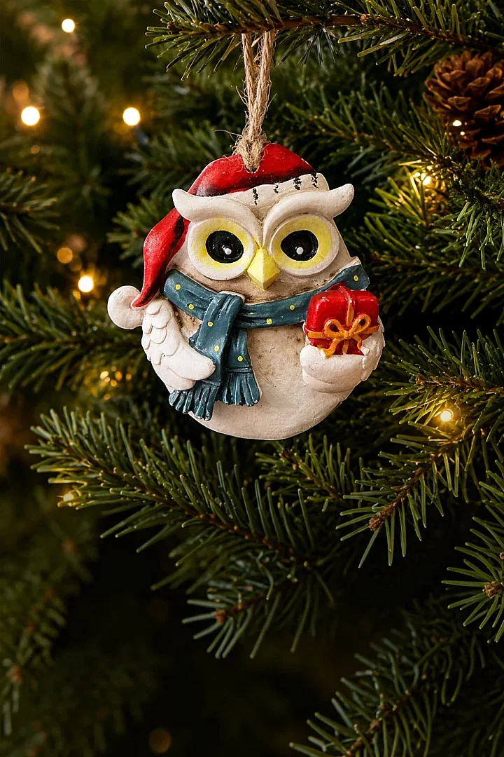 Yılbaşı Çam Ağacı Süsü Noel Şapkalı Baykuş Figürü – Hediye Pakedi - 4