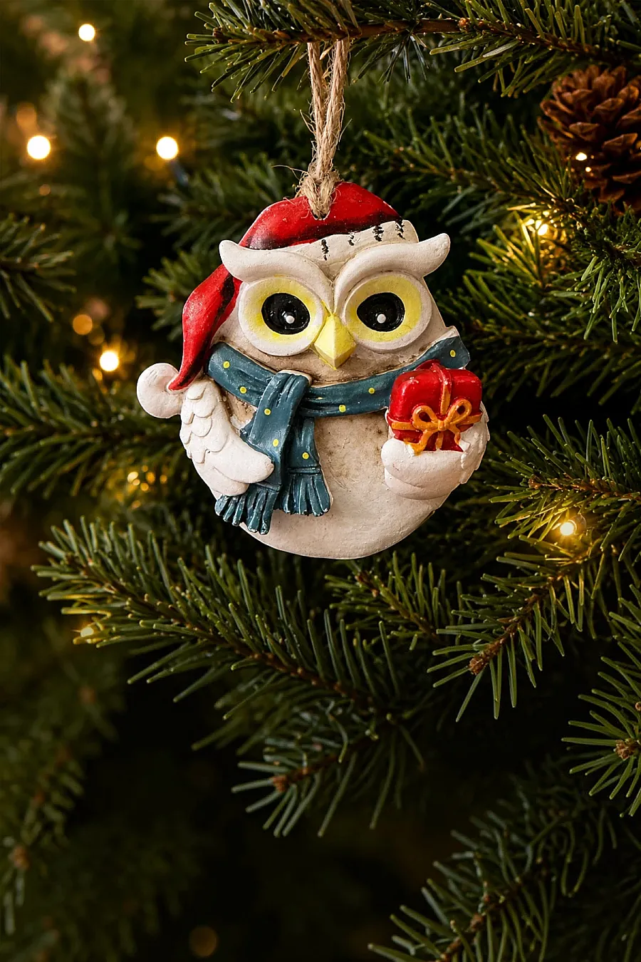 Yılbaşı Çam Ağacı Süsü Noel Şapkalı Baykuş Figürü – Hediye Pakedi - 4