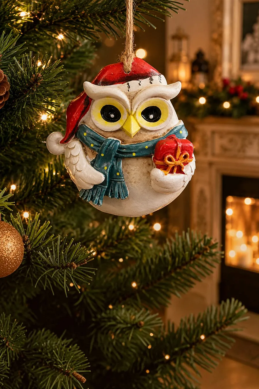 Yılbaşı Çam Ağacı Süsü Noel Şapkalı Baykuş Figürü – Hediye Pakedi - 2