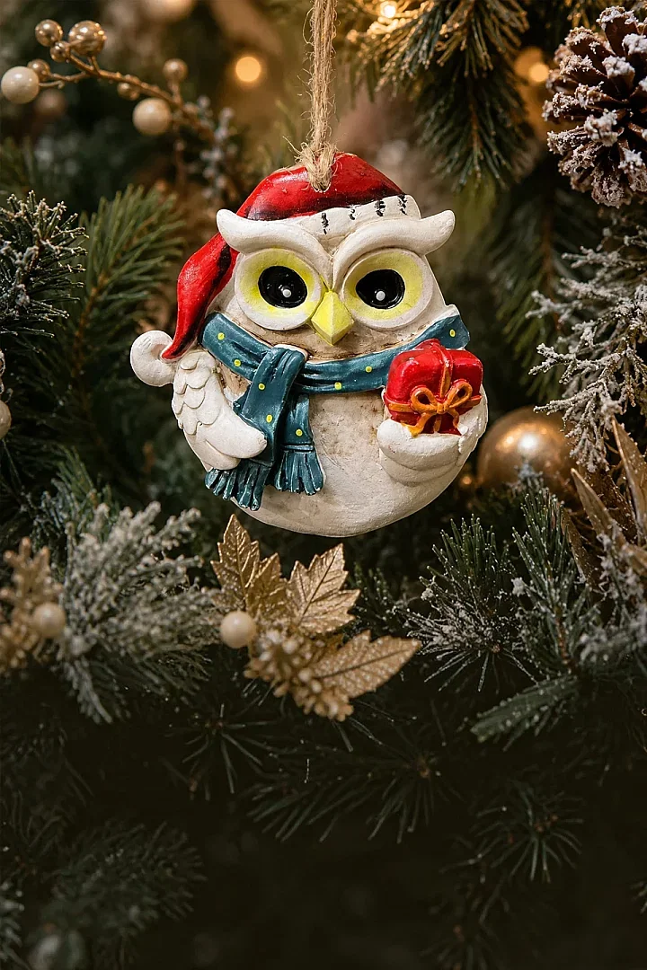 Yılbaşı Çam Ağacı Süsü Noel Şapkalı Baykuş Figürü – Hediye Pakedi - 3