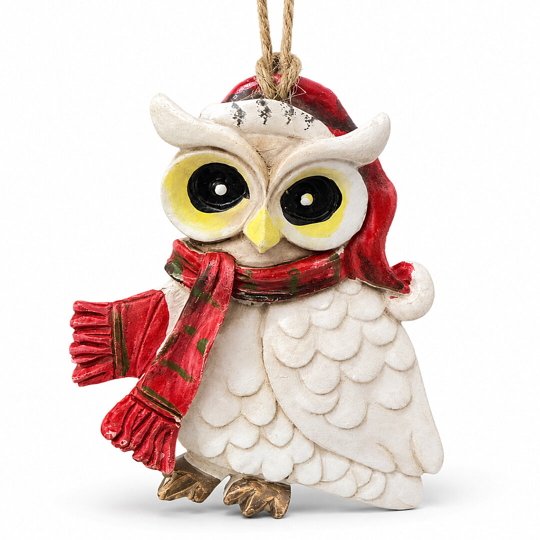 Beysüs Yılbaşı Çam Ağacı Süsü Noel Şapkalı Baykuş Figürü – Kırmızı Desenli Atkılı - 2