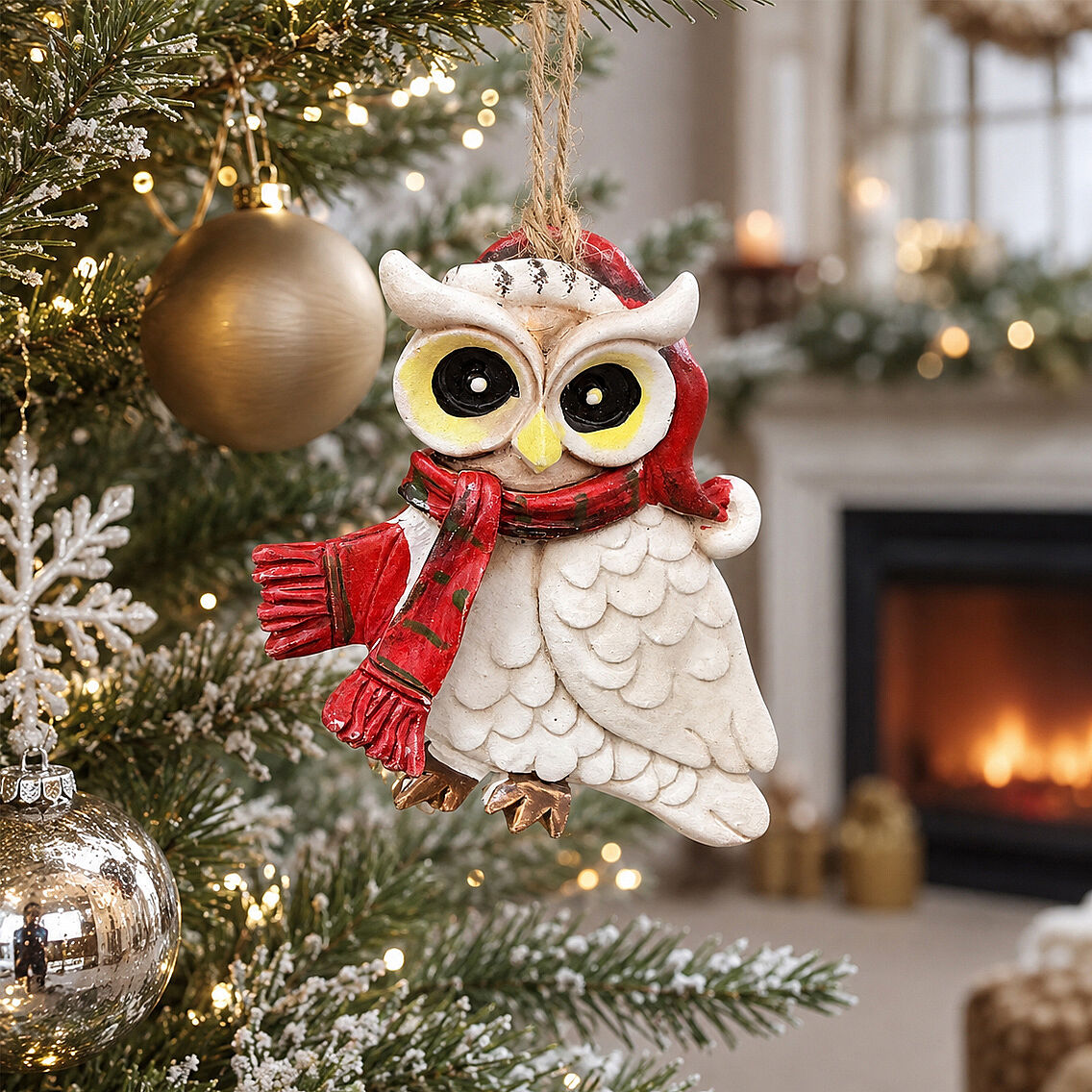 Beysüs Yılbaşı Çam Ağacı Süsü Noel Şapkalı Baykuş Figürü – Kırmızı Desenli Atkılı - 3