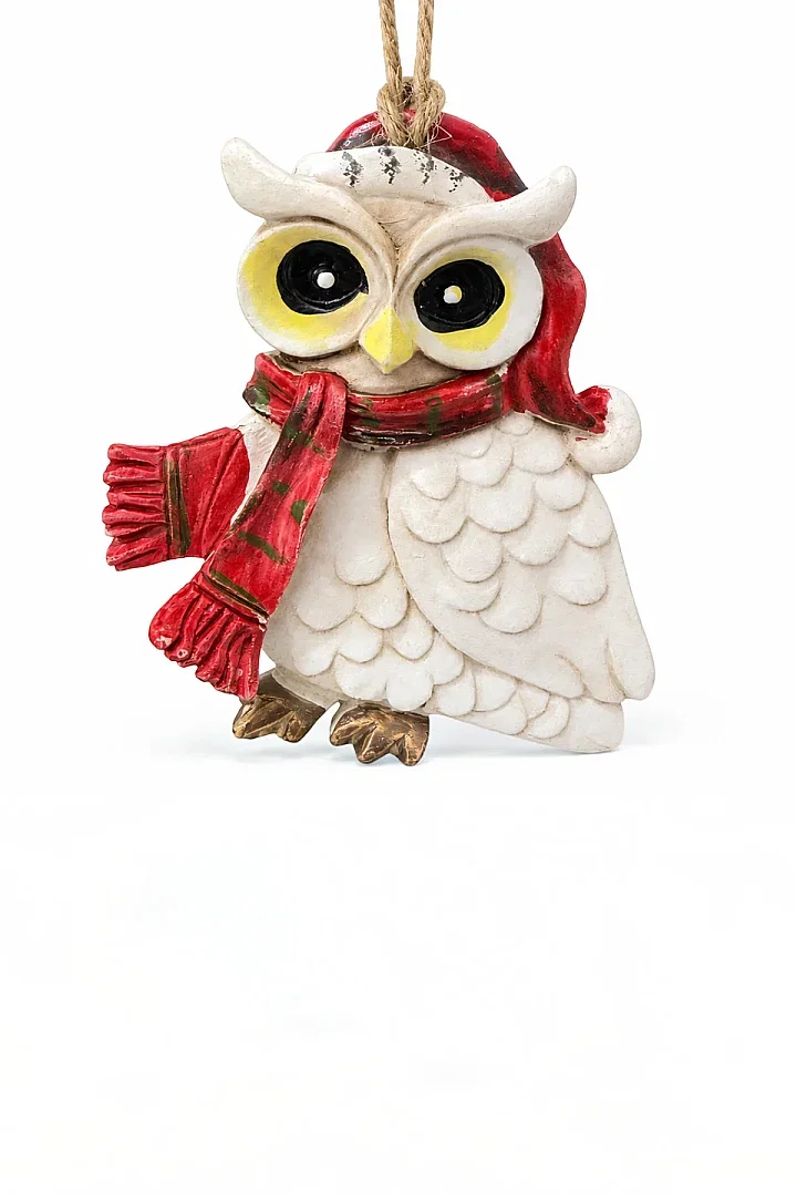 Yılbaşı Çam Ağacı Süsü Noel Şapkalı Baykuş Figürü – Kırmızı Desenli Atkılı - 5