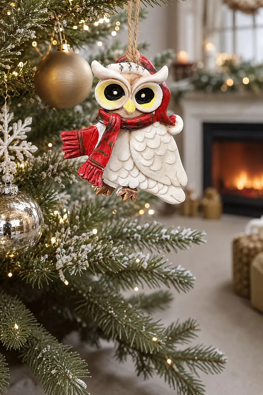Yılbaşı Çam Ağacı Süsü Noel Şapkalı Baykuş Figürü – Kırmızı Desenli Atkılı - 3