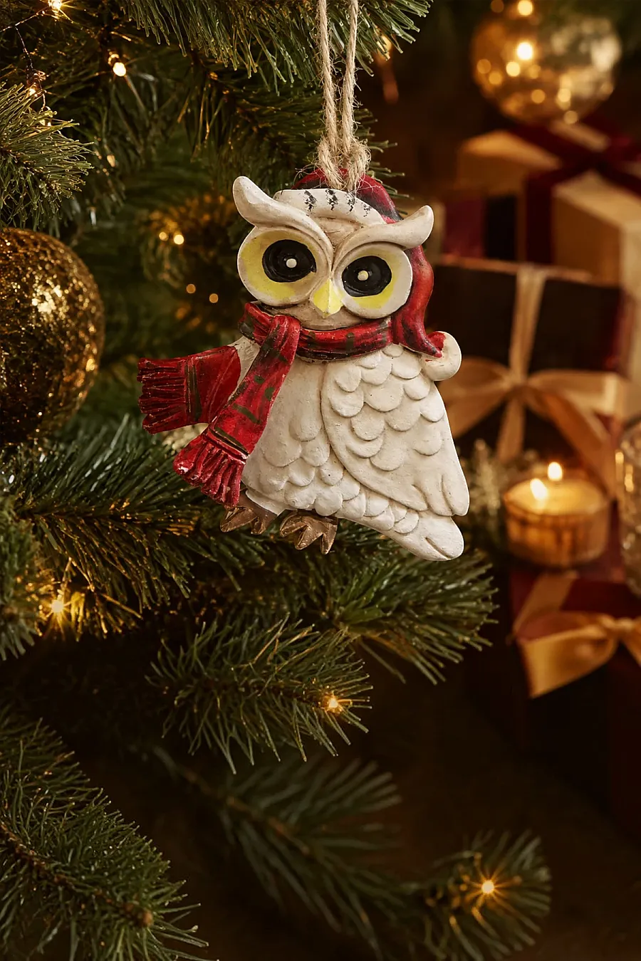 Yılbaşı Çam Ağacı Süsü Noel Şapkalı Baykuş Figürü – Kırmızı Desenli Atkılı - 4
