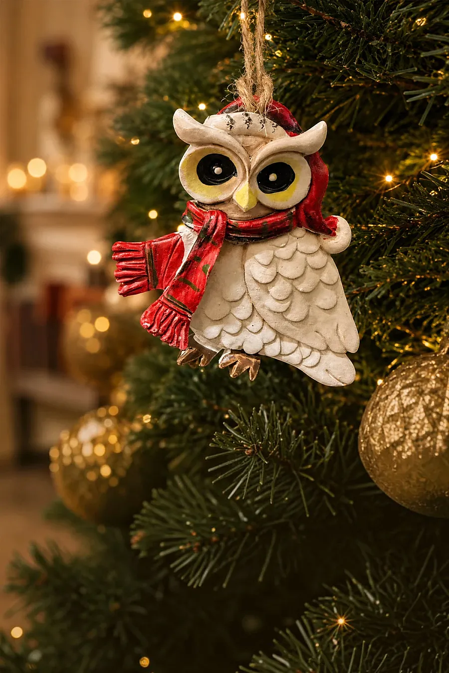 Yılbaşı Çam Ağacı Süsü Noel Şapkalı Baykuş Figürü – Kırmızı Desenli Atkılı - 1