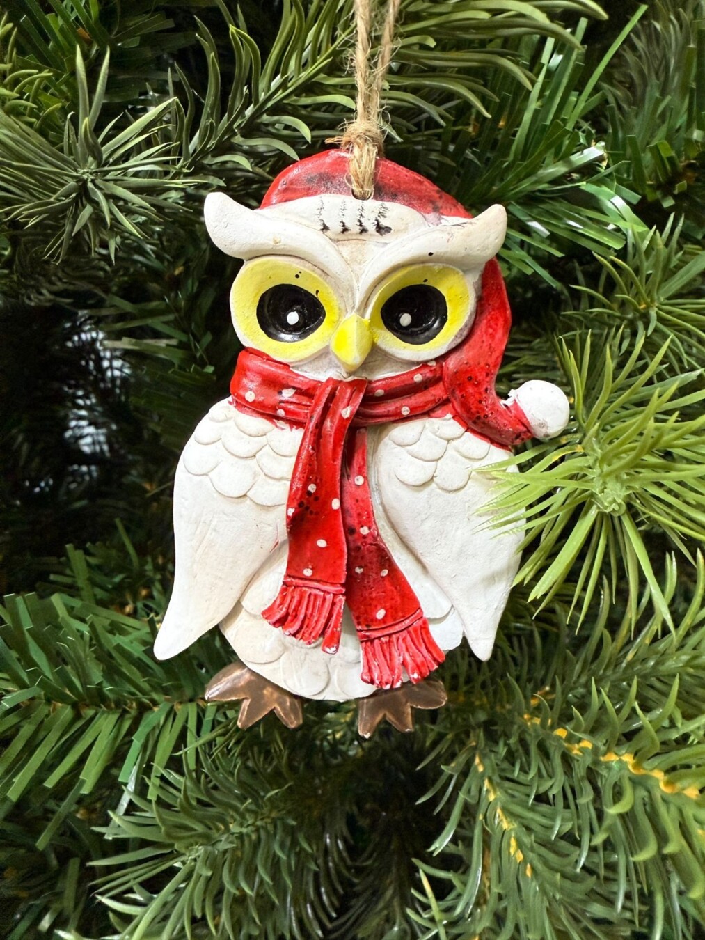 Beysüs Yılbaşı Çam Ağacı Süsü Noel Şapkalı Baykuş Figürü – Puantiyeli Atkı - 5