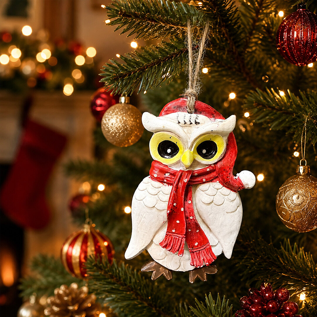 Beysüs Yılbaşı Çam Ağacı Süsü Noel Şapkalı Baykuş Figürü – Puantiyeli Atkı - 1