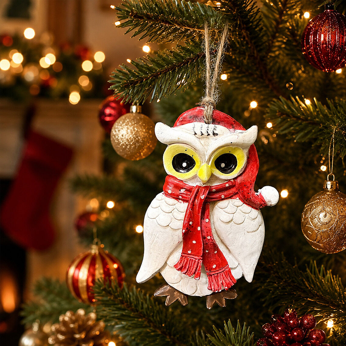 Beysüs Yılbaşı Çam Ağacı Süsü Noel Şapkalı Baykuş Figürü – Puantiyeli Atkı - 1