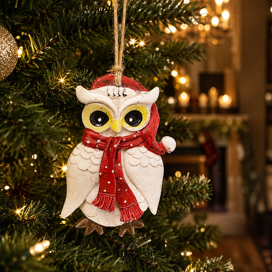 Beysüs Yılbaşı Çam Ağacı Süsü Noel Şapkalı Baykuş Figürü – Puantiyeli Atkı - 4