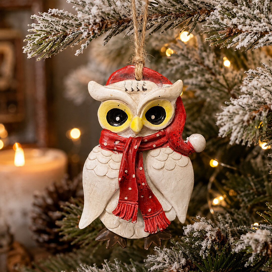 Beysüs Yılbaşı Çam Ağacı Süsü Noel Şapkalı Baykuş Figürü – Puantiyeli Atkı - 3