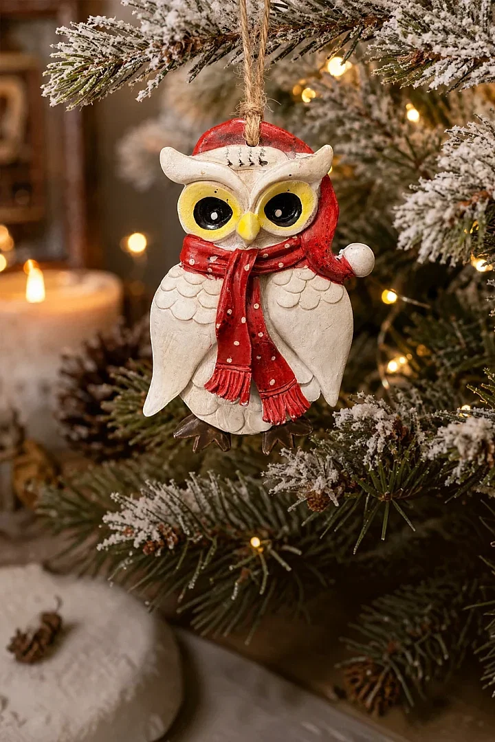 Yılbaşı Çam Ağacı Süsü Noel Şapkalı Baykuş Figürü – Puantiyeli Atkı - 2