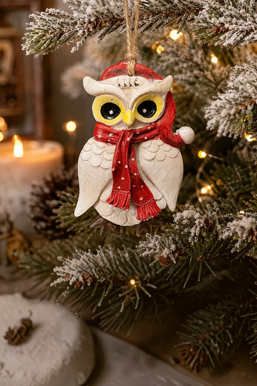 Yılbaşı Çam Ağacı Süsü Noel Şapkalı Baykuş Figürü – Puantiyeli Atkı - 2