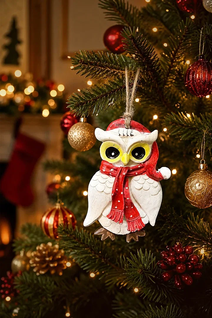 Yılbaşı Çam Ağacı Süsü Noel Şapkalı Baykuş Figürü – Puantiyeli Atkı - 1