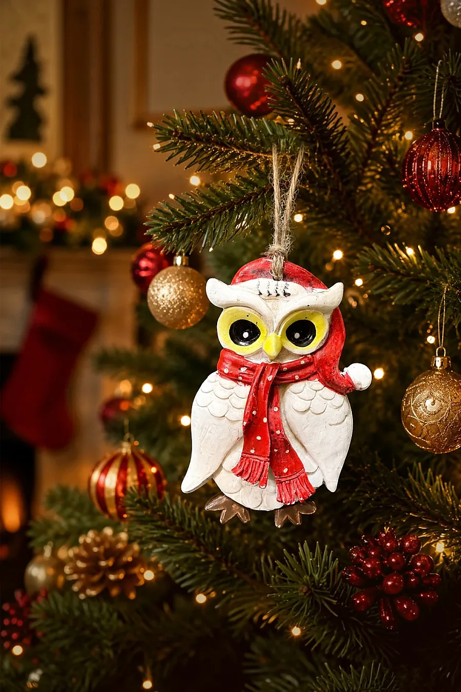 Yılbaşı Çam Ağacı Süsü Noel Şapkalı Baykuş Figürü – Puantiyeli Atkı - 1