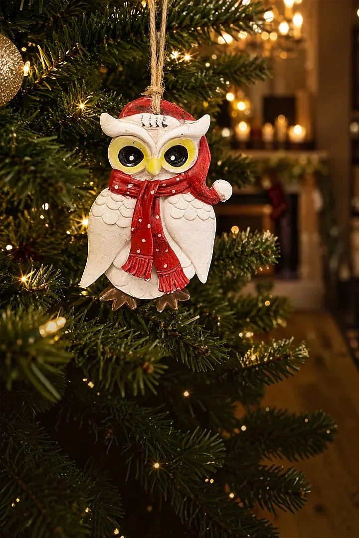 Yılbaşı Çam Ağacı Süsü Noel Şapkalı Baykuş Figürü – Puantiyeli Atkı - 4