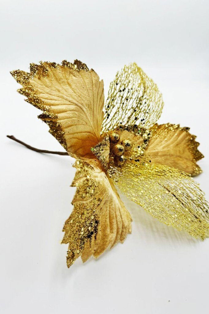 Yılbaşı Çam Ağacı Süsü Ponsetya Çiçek Büyük Gold - 7