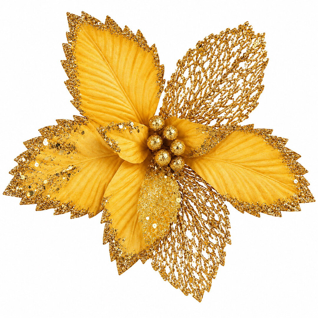 Yılbaşı Çam Ağacı Süsü Ponsetya Çiçek Büyük Gold - 3