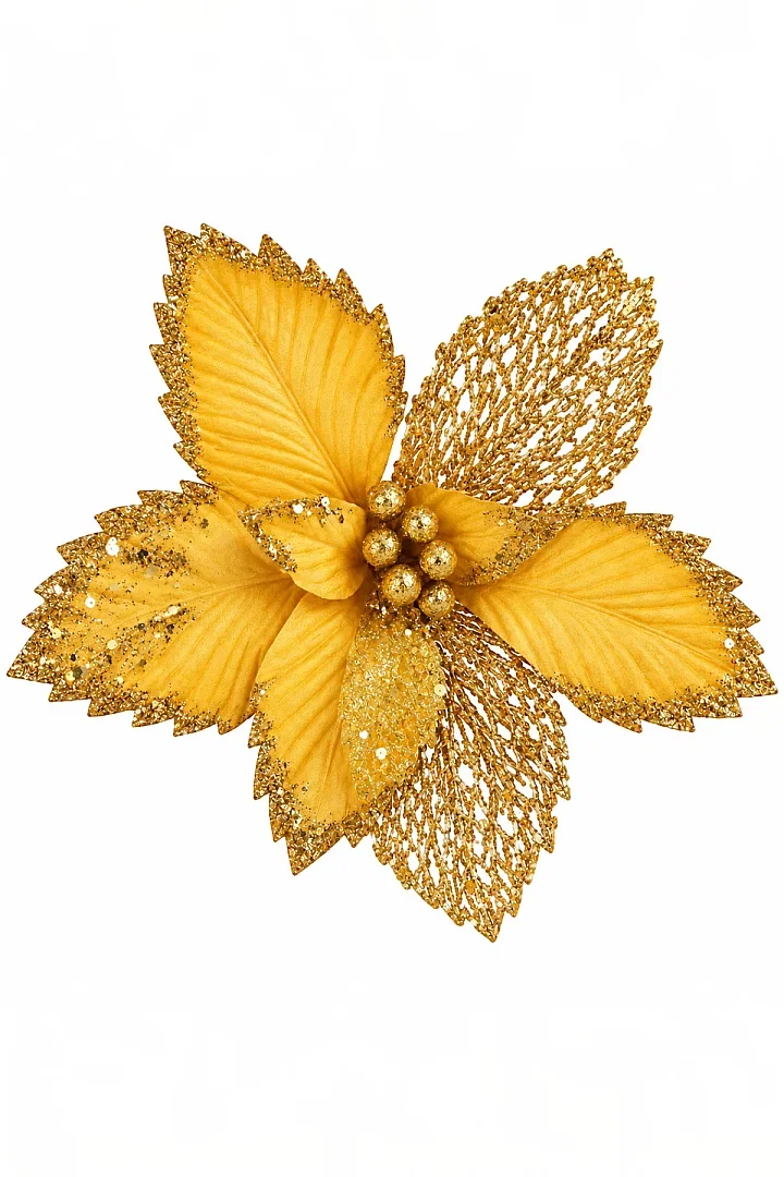 Yılbaşı Çam Ağacı Süsü Ponsetya Çiçek Büyük Gold - 2