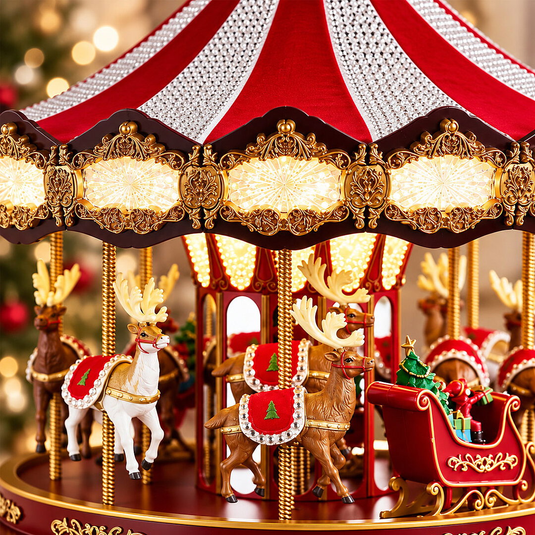 Yılbaşı Dekor Lüks Carousel Kırmızı Kadife ve Kristal İşlemeli - 3