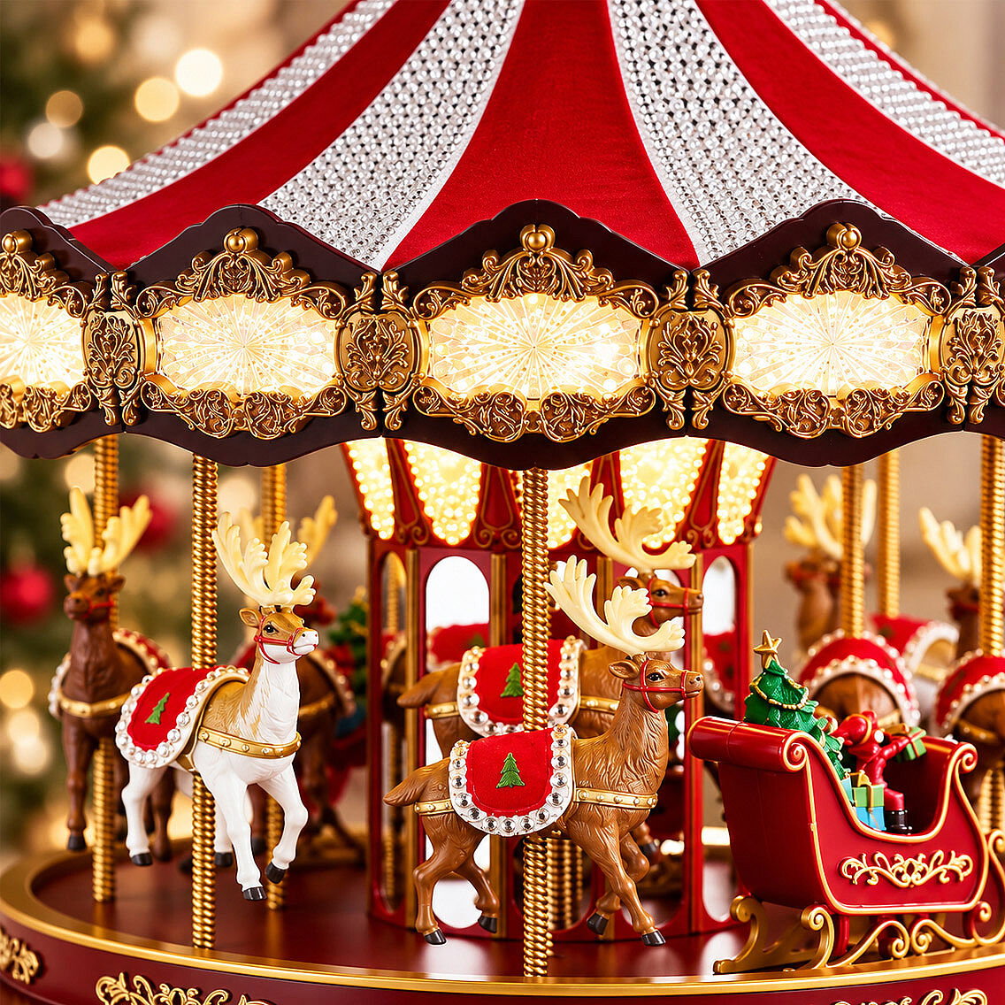 Yılbaşı Dekor Lüks Carousel Kırmızı Kadife ve Kristal İşlemeli - 3