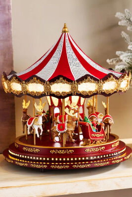 Yılbaşı Dekor Lüks Carousel Kırmızı Kadife ve Kristal İşlemeli - 6