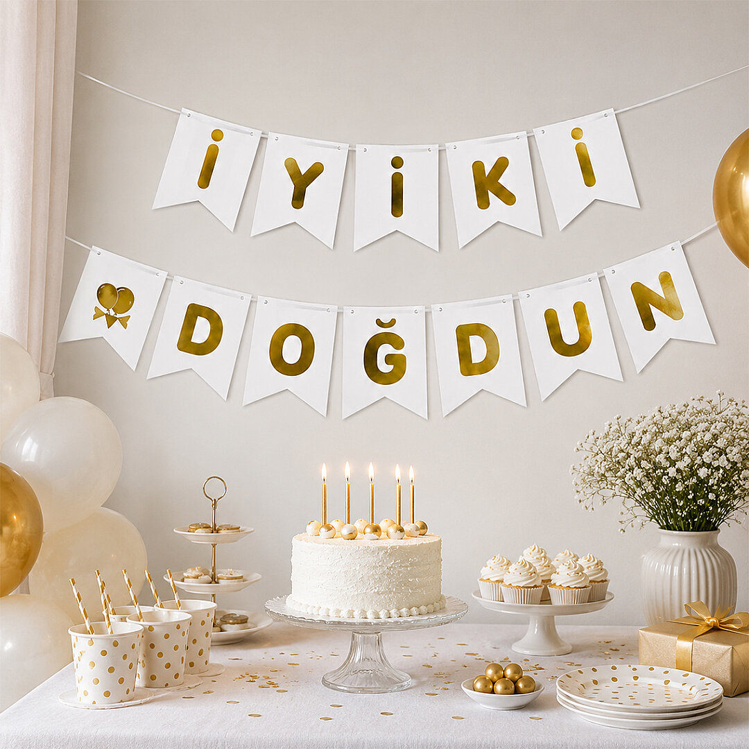 İyiki Doğdun Banner Beyaz - Gold - 2