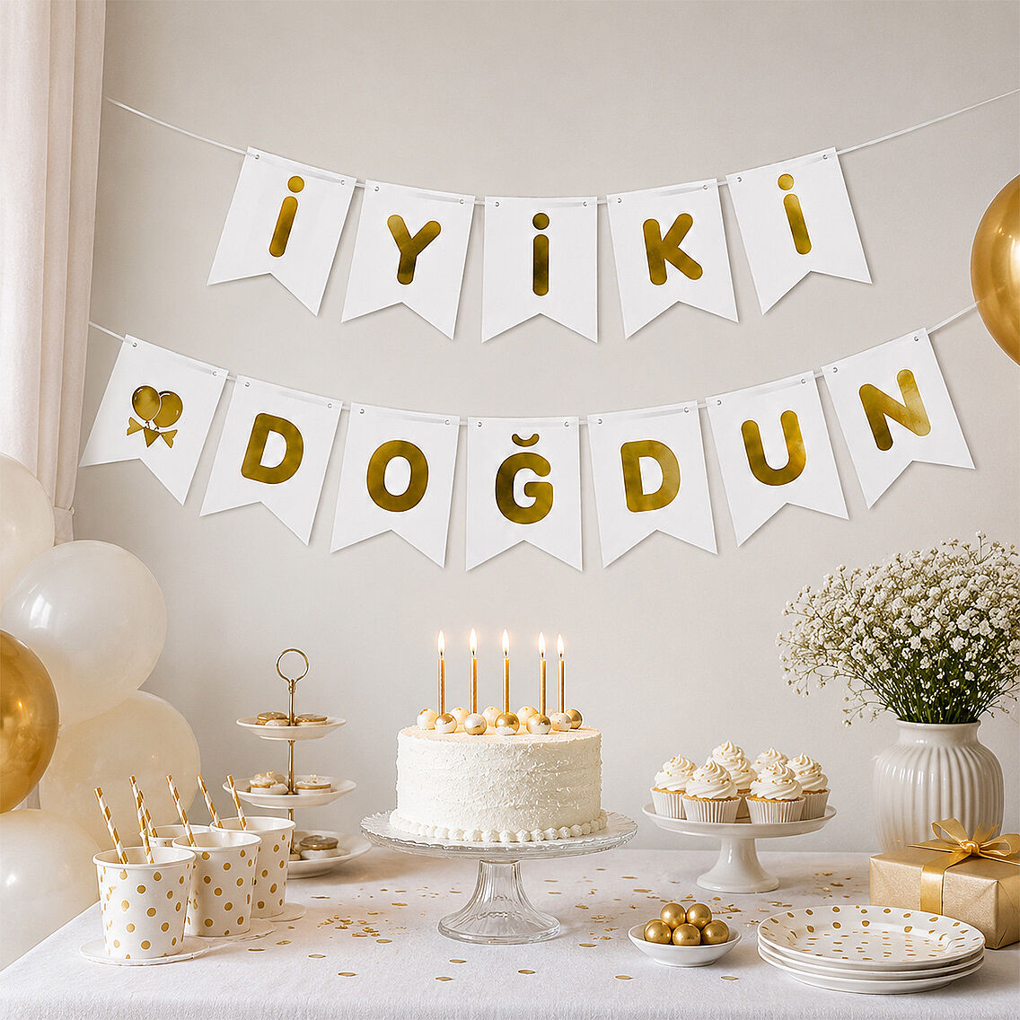 İyiki Doğdun Banner Beyaz - Gold - 2