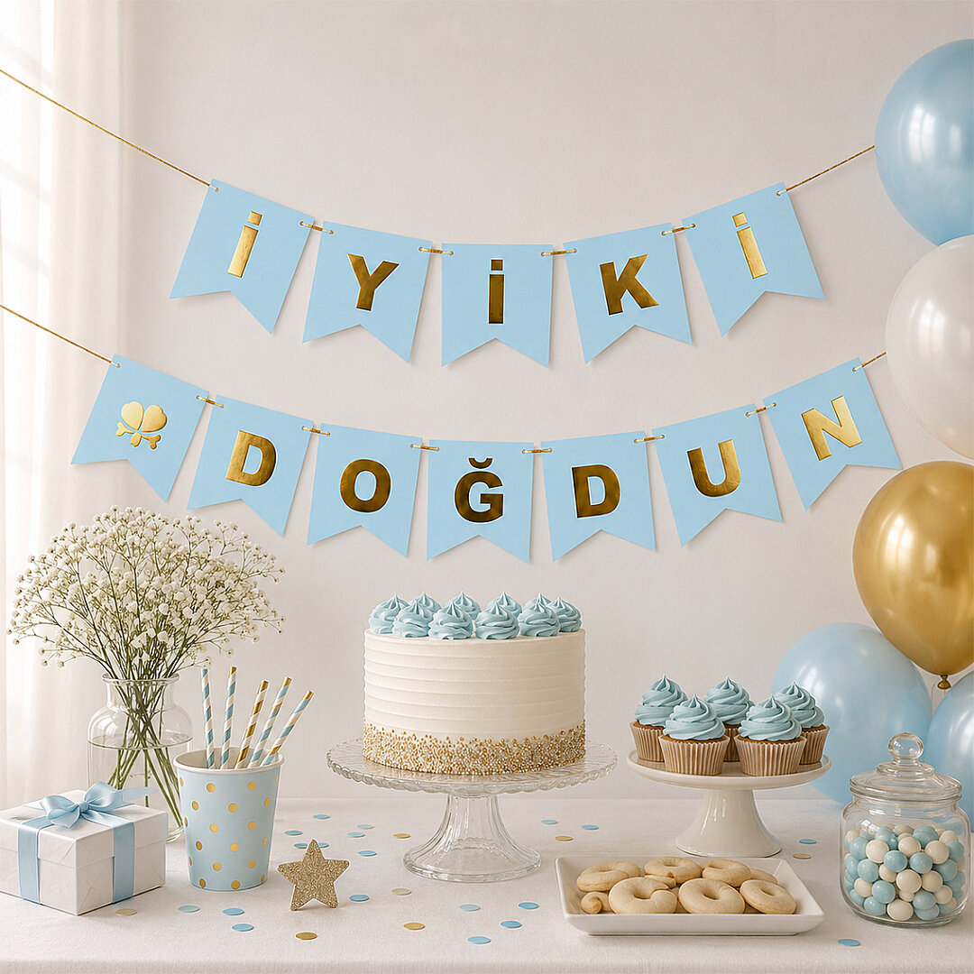 İyiki Doğdun Banner Mavi - Gold - 2