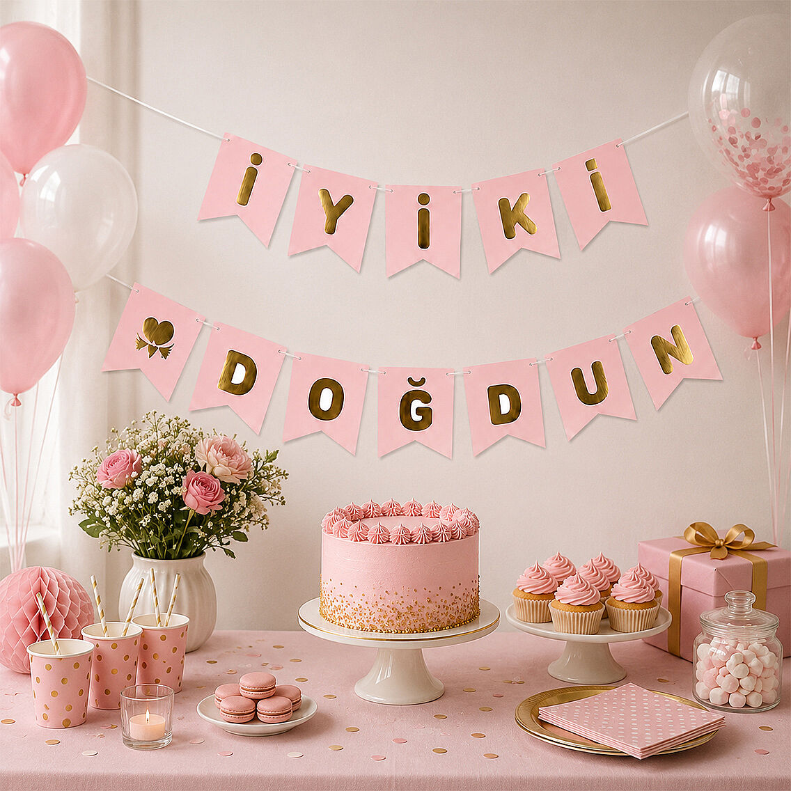 İyiki Doğdun Banner Pembe - Gold - 2