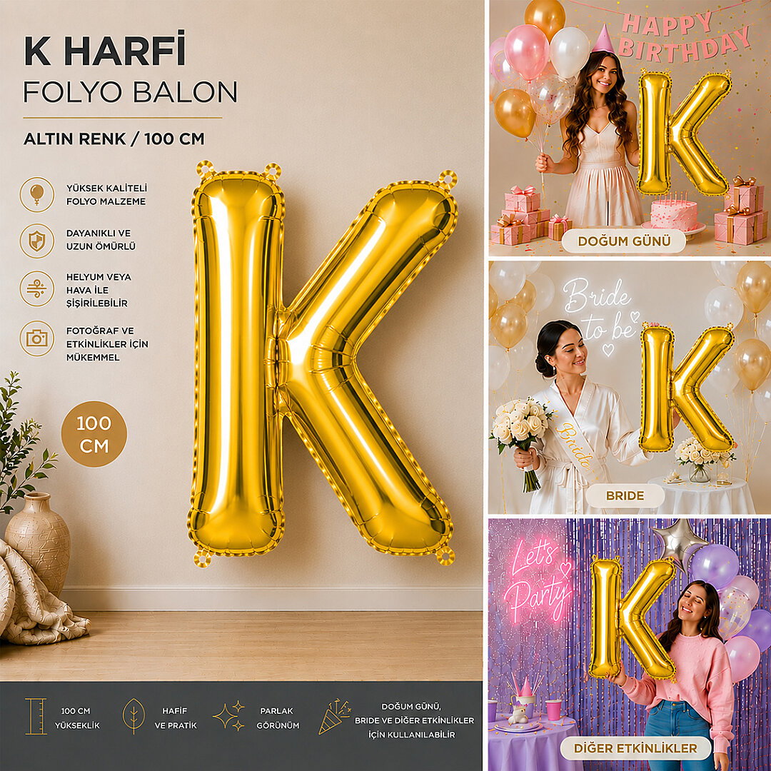 K Harfi Folyo Balon Altın Rengi (100 cm) - Beysüs (1)