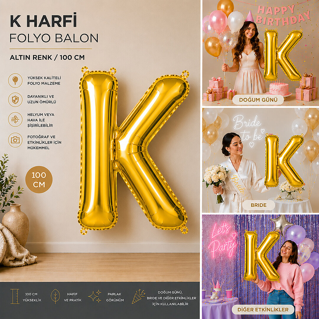 K Harfi Folyo Balon Altın Rengi (100 cm) - 2