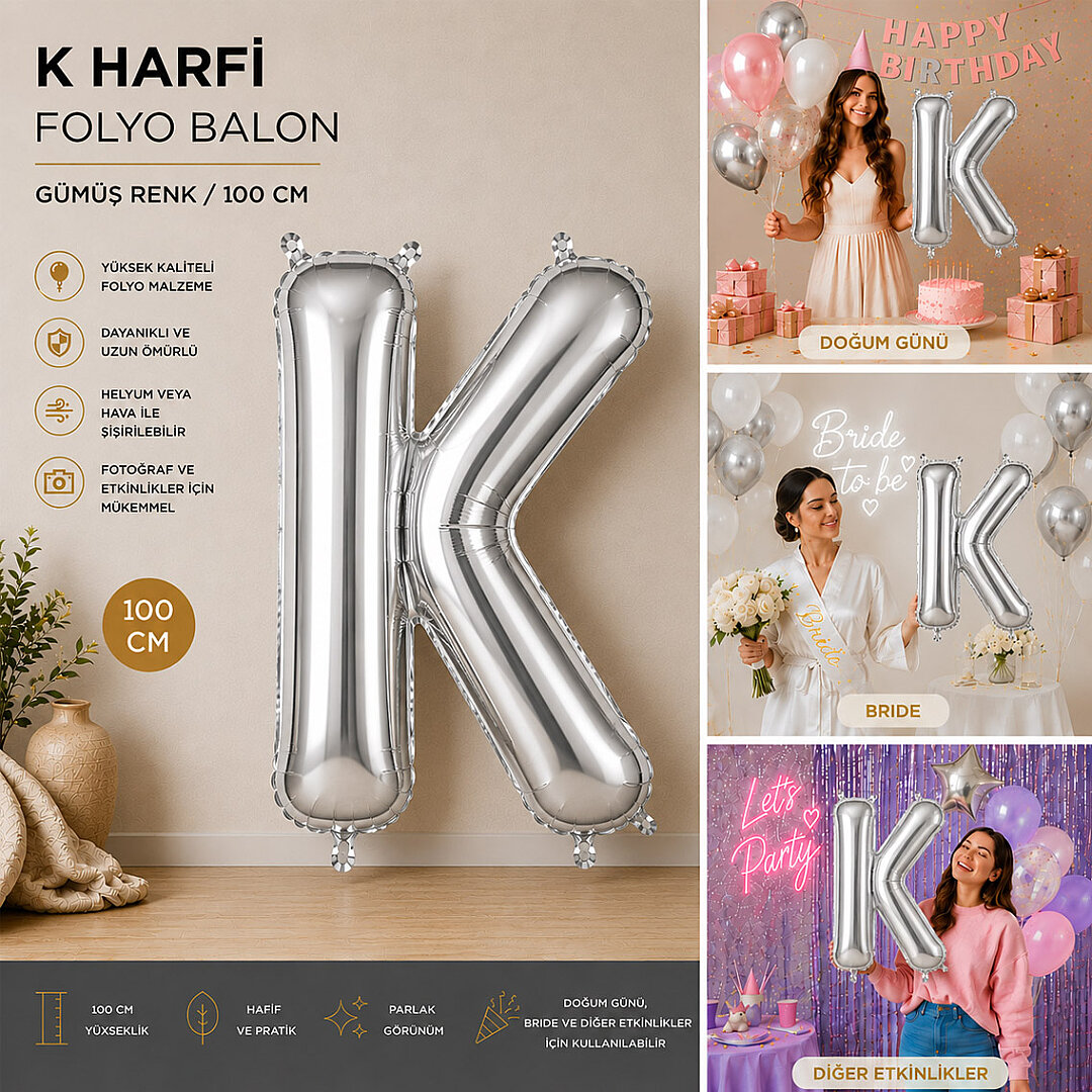 K Harfi Folyo Balon Gümüş Rengi (100 cm) - 2