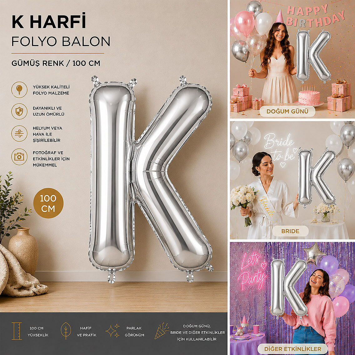 K Harfi Folyo Balon Gümüş Rengi (100 cm) - 2