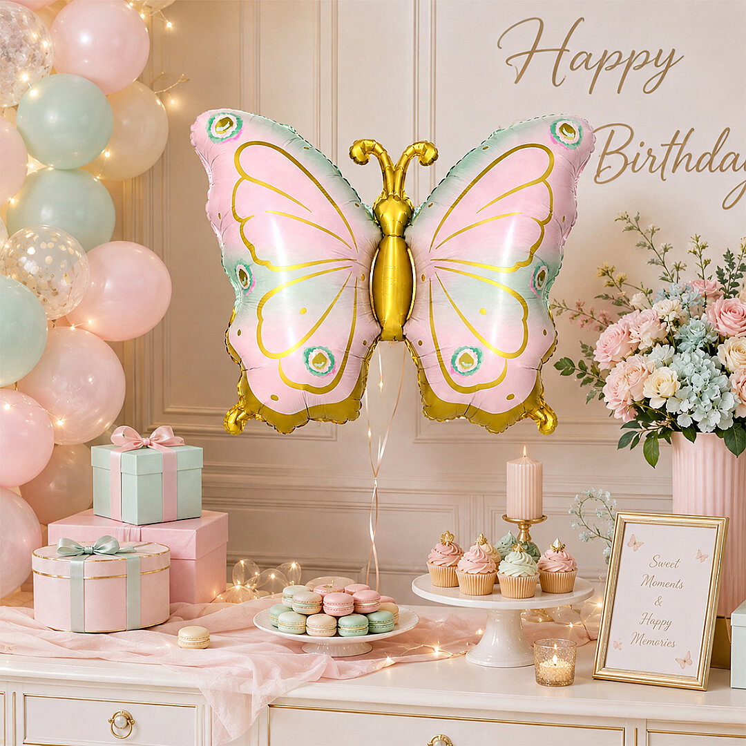 Kelebek Folyo Balon Pembe Yeşil Gold - Beysüs (1)