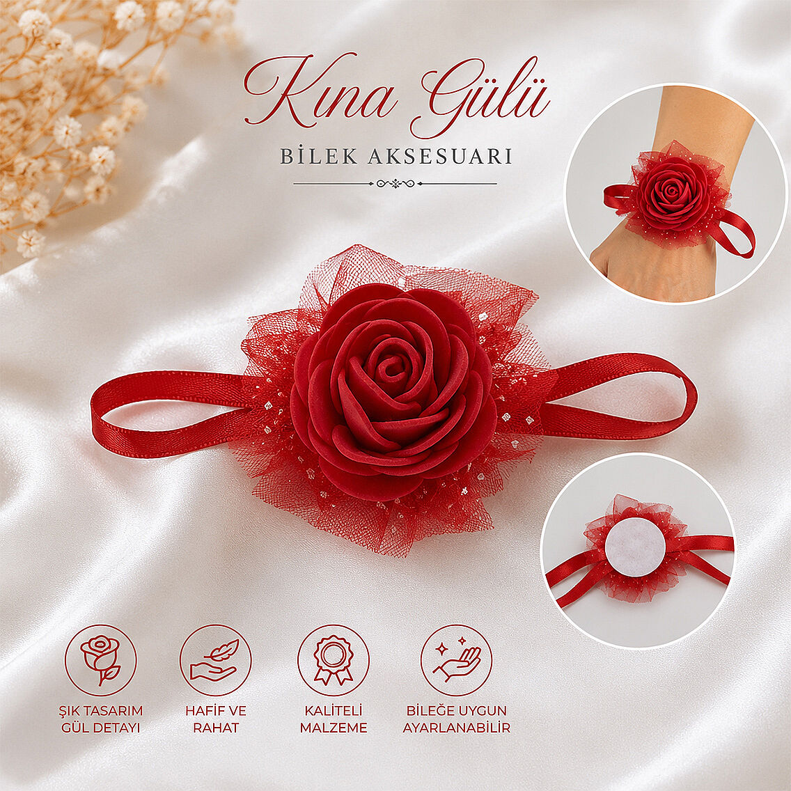 Kırmızı Güllü Kına Bilekliği - Kına Gecesi Nedime El Gülü Aksesuarı - 2