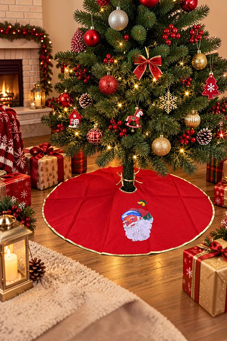 Kırmızı Noel Babalı Yılbaşı Ağacı Örtüsü - 1