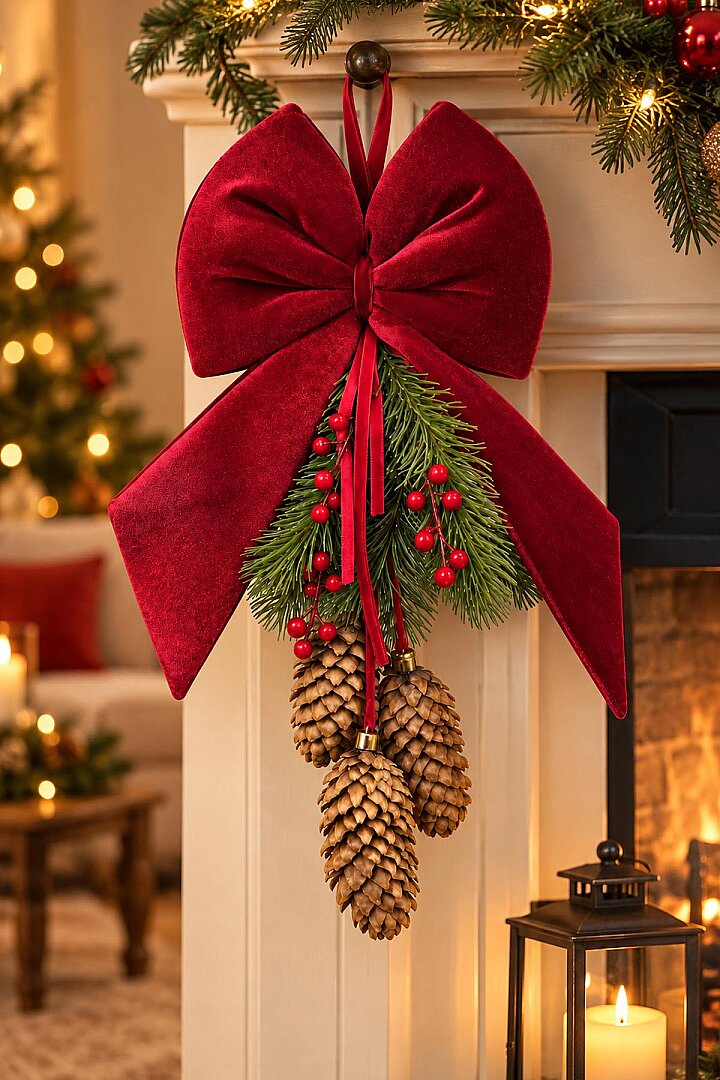 Kozalaklı Çam Dallı Bordo Kadife Fiyonk 45 cm - 3