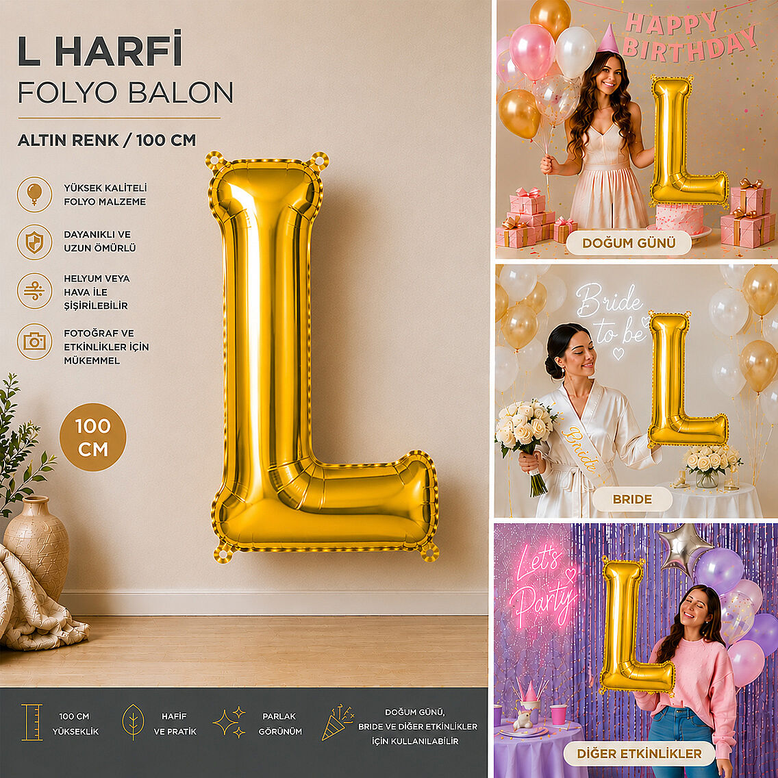 L Harfi Folyo Balon Altın Rengi (100 cm) - 2