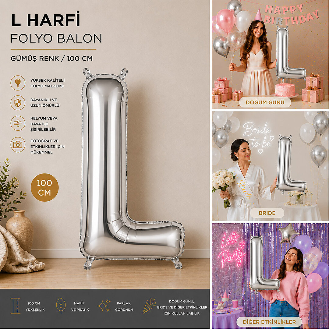 L Harfi Folyo Balon Gümüş Rengi (100 cm) - 2